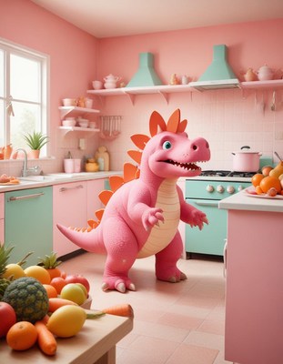 Pink dinosaur in a kitchen