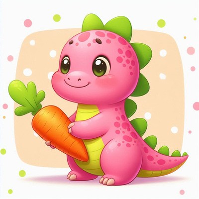 Pink dinosaur holding carrot