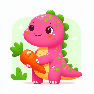 Pink dinosaur holding carrot