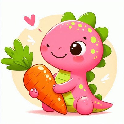 Pink dinosaur holding carrot