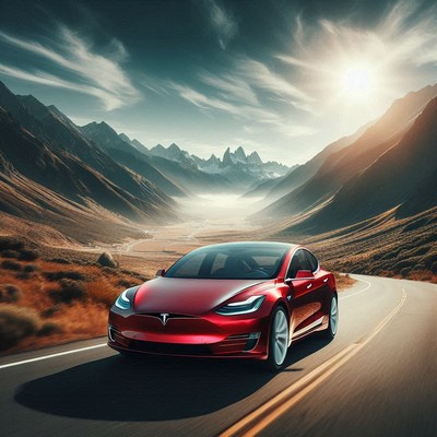 Red tesla driving through mountain pass