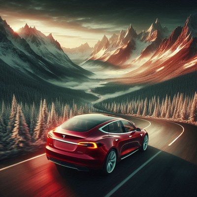 Red car driving through mountain pass