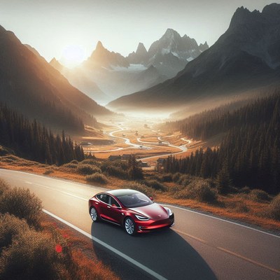 Red car driving through mountain pass at sunset