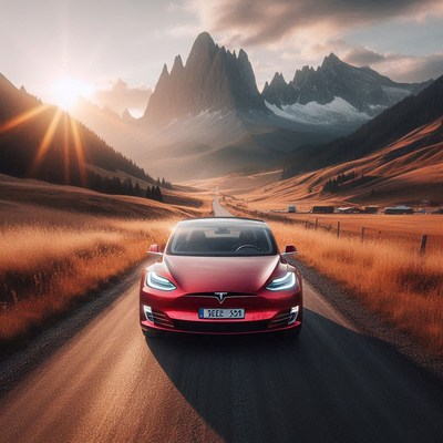 Red tesla driving through mountains at sunset