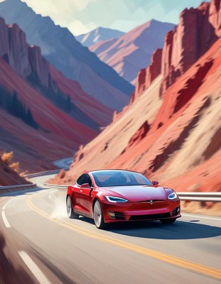 Red tesla driving through mountain pass