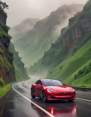 Red car on winding mountain road