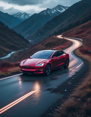 Red car on winding mountain road