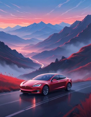Red tesla driving through mountain pass at sunset