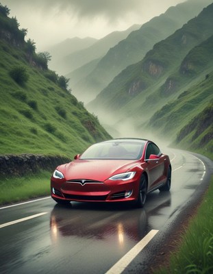 Red car driving on a mountain road in the rain