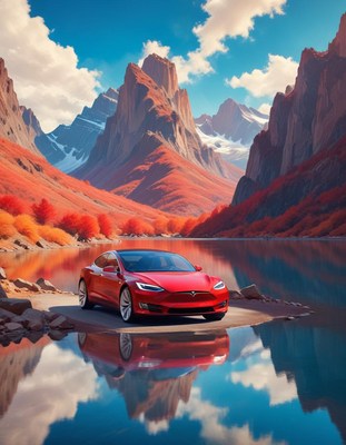 Red car by mountain lake