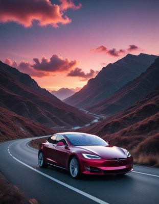 Red tesla driving through mountains at sunset