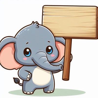 Cute elephant holding wooden sign