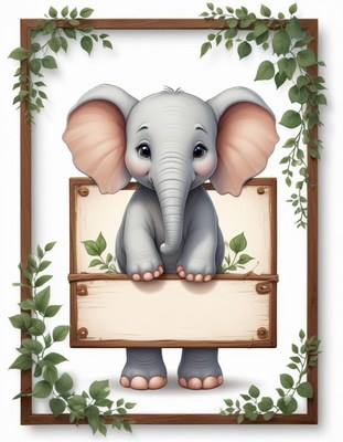 Baby elephant holding sign
