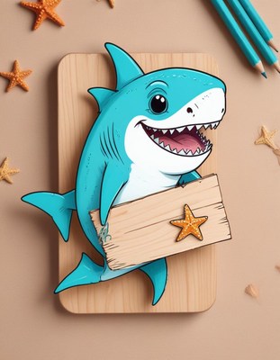 Smiling shark holding sign on wood