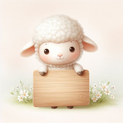 Cute lamb holding wooden sign
