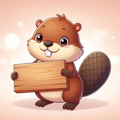 Smiling beaver holding wooden sign