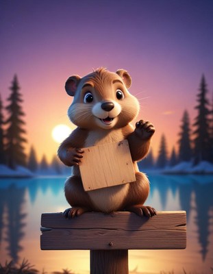 Squirrel holding sign at sunset