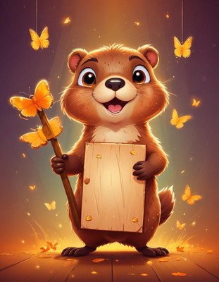 Smiling bear holding a sign with butterflies