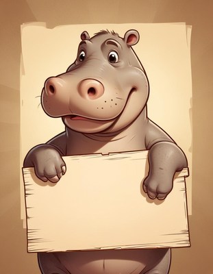 Smiling hippo holding blank sign