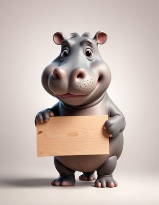 Smiling hippo holding sign