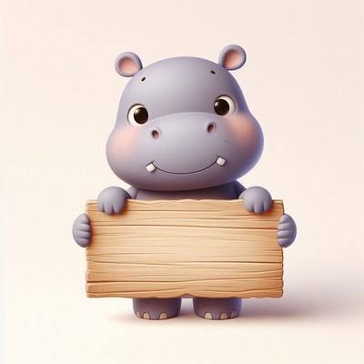 Cute hippo holding wooden sign