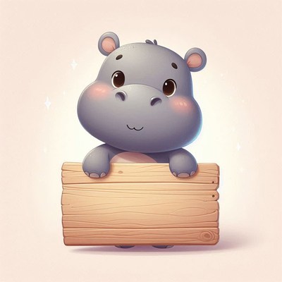 Cute hippo holding wooden sign