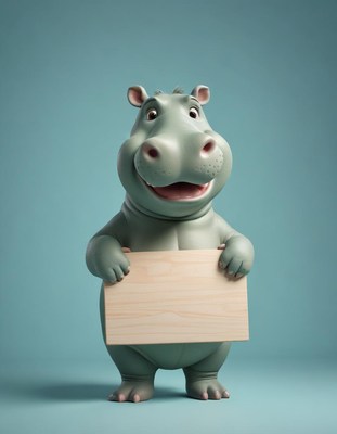 Smiling hippo holding sign