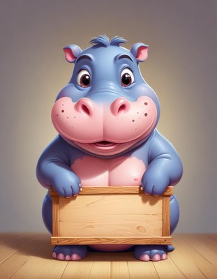Cartoon hippo holding wooden box