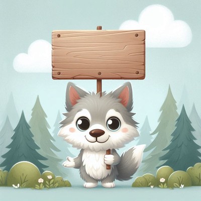 Cute wolf holding wooden sign