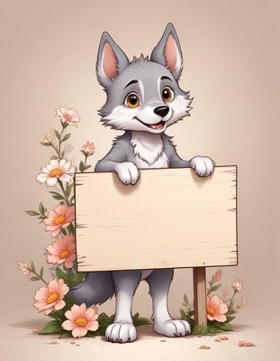 Smiling wolf holding blank sign