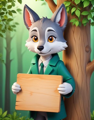 Wolf holding sign in forest