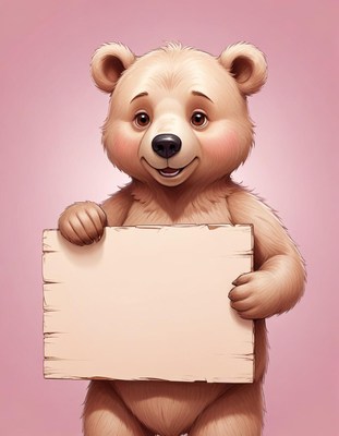 Smiling bear holding sign