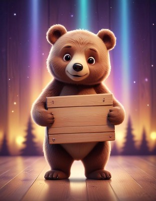 Smiling bear holding blank sign