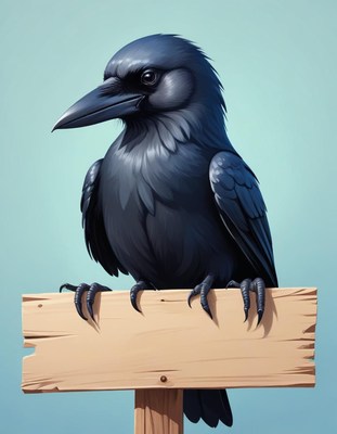 Crow perched on wooden sign