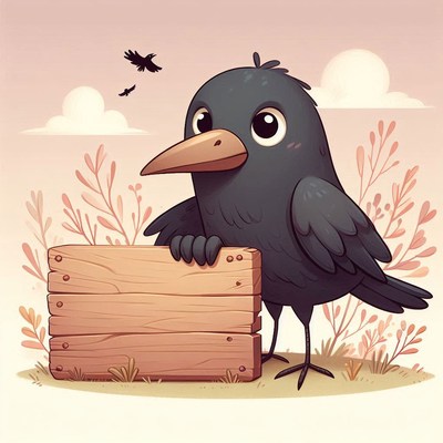 Crow holding wooden sign