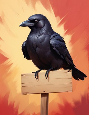 Black raven perched on sign