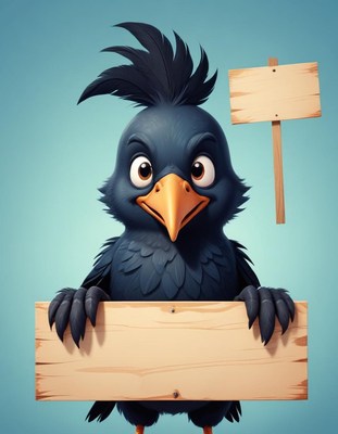 Cartoon crow holding blank sign