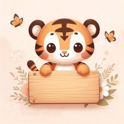 Cute tiger holding wooden sign