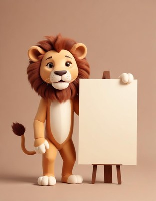 Lion cartoon holding blank canvas