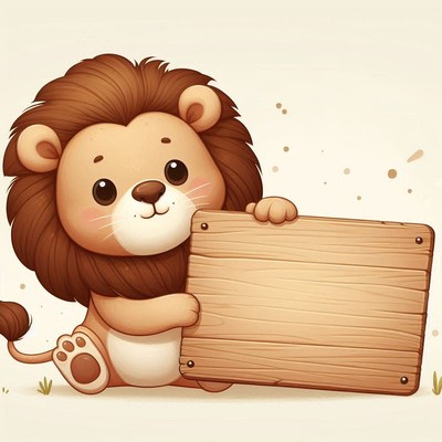 Cute lion holding wooden sign
