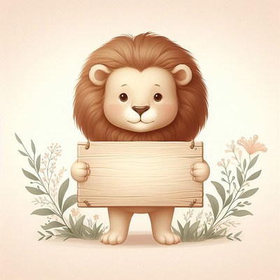 Cute lion holding blank sign