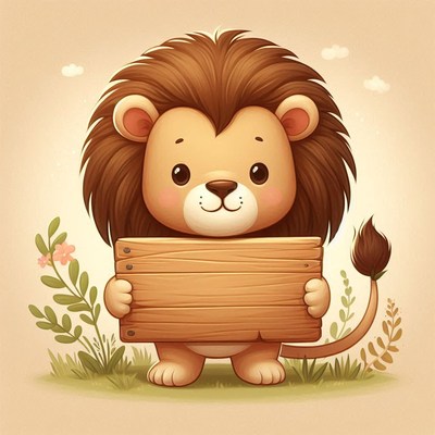Cartoon lion holding wooden sign