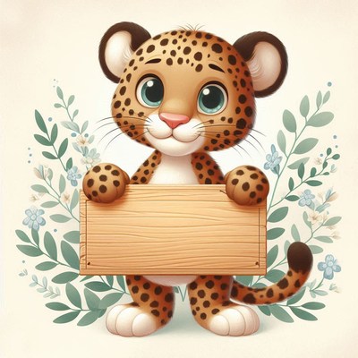 Cute leopard cub holding a sign