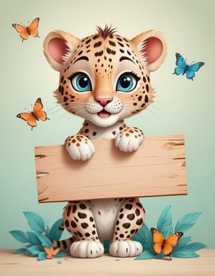 Leopard cub holding a sign