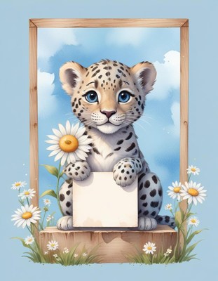 Leopard cub holding blank sign
