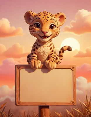 Leopard cub on sign at sunset