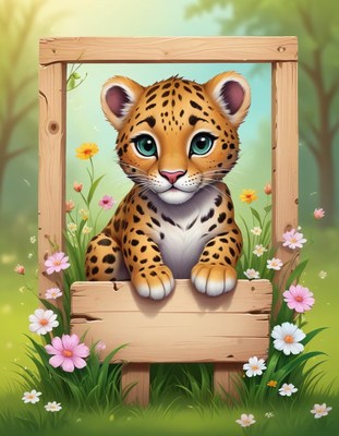 Leopard cub in a wooden frame