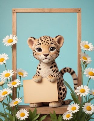 Leopard cub holding sign in frame