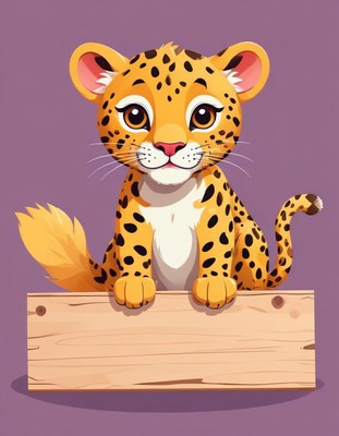 Cute leopard cub on wooden sign