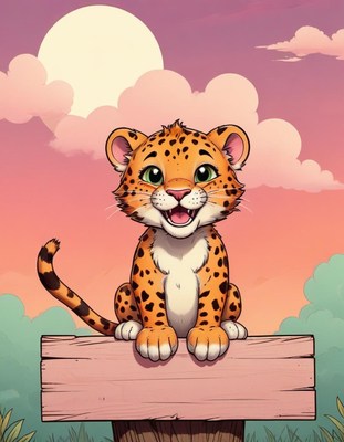 Cheetah cub on a sign at sunset